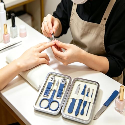 Luxury 7-in-1 Professional Manicure Set - Premium Stainless Steel Nail Clippers & Grooming Kit with Elegant Leather Travel Case - D.Blue - color: Dark Blue, size: 7PCS