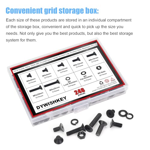 DYWISHKEY 246 Pieces M5 Black Screws, 10.9 Grade Alloy Steel M5x 6/8 /10/12 /16/20 /25mm Countersunk Head Socket Cap Screws Bolts Nuts Washers Assortment Kit - size: M5, style: Countersunk Head Socket Cap