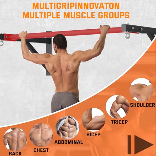 Pull Up Bar Wall Mounted, Heavy Duty 650 lbs Capacity Chin Up Bar, 48" Multi-Grip Strength Training Pull-up Bars, for Home Gym Garage/Backyard Total Body Workout, Ease Of Use Mounting - color: Red