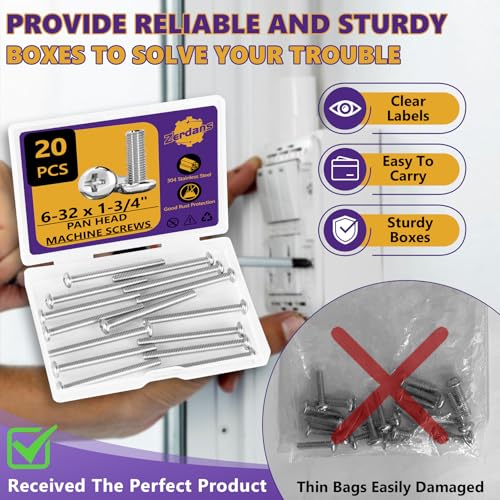 20Pcs 6-32x1-3/4 Pan Head Machine Screws Kit 304 SS for Outlet | Phillips Full Thread For Electrical Outlet Switch plate, Cabinet & Drawer, Anti-Rust & Anti-Corrosion, Organizer Box Included - size: 6-32 x 1-3/4