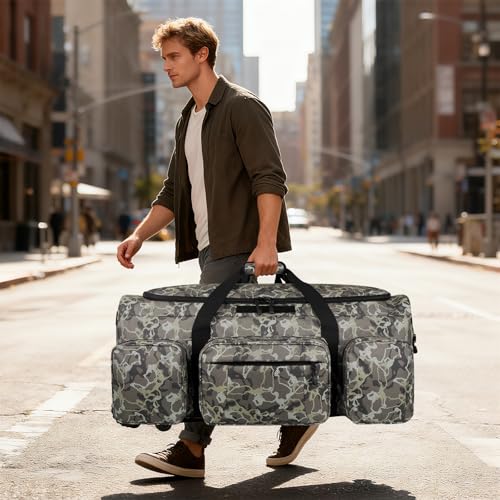 120L 3 Wheel Tactical Rolling Duffle Bag, Heavy Duty Military Deployment Luggage, 900D Waterproof Duffel for Camping Travel Outdoor Sports - color: Camo Brown