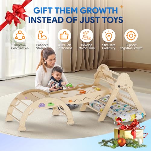 Pikler Triangle Set with Cushion 9 in 1 Foldable Montessori Climbing Toys for Toddlers 1-3 Indoor Wooden Kids Playground Baby Climbing with Maze Toys, Shape Sorter Toys, Car