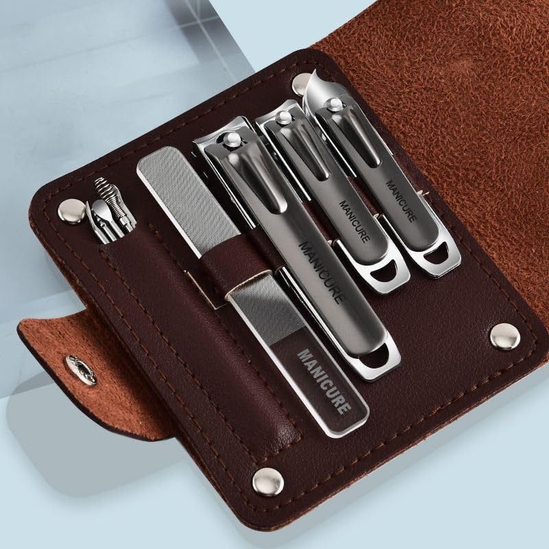 10 PCS Professional Nail Care Kit with Leather Case, Stainless Steel Manicure & Pedicure Kit,Slanted Blade Ingrown Toenail Clippers for Thick Toenails(Grey)