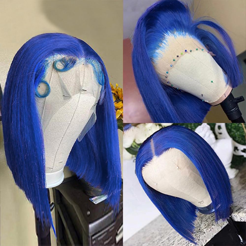 Pre Plucked 13X4 Straight Blue Bob Wig Human Hair Hd Lace Frontal Wigs With Baby Hair Natural Hairline 100% Unprocessed Human Ha
