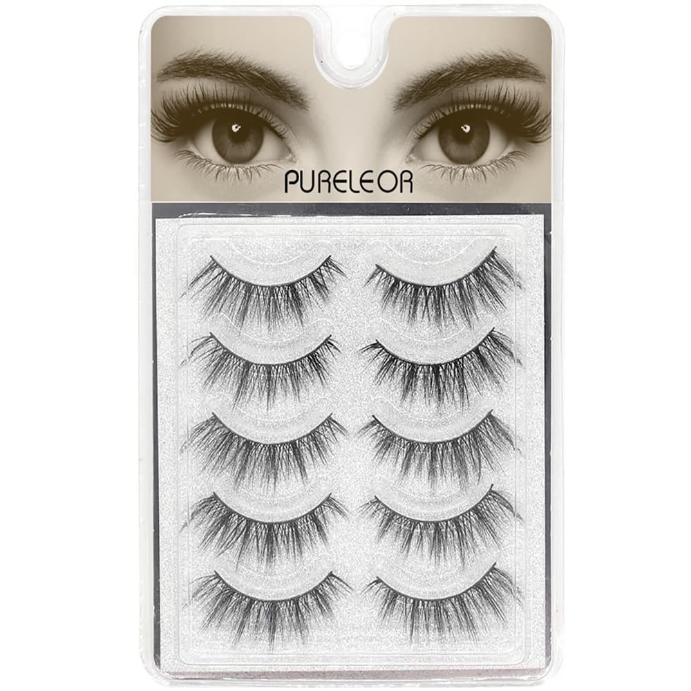 Pureleor Natural Look Eyelashes 3D Mink Cat Eye Lash Wispies 15Mm Manga Lashes 5 Pairs Soft Reusable False Eyelashes Lightweight