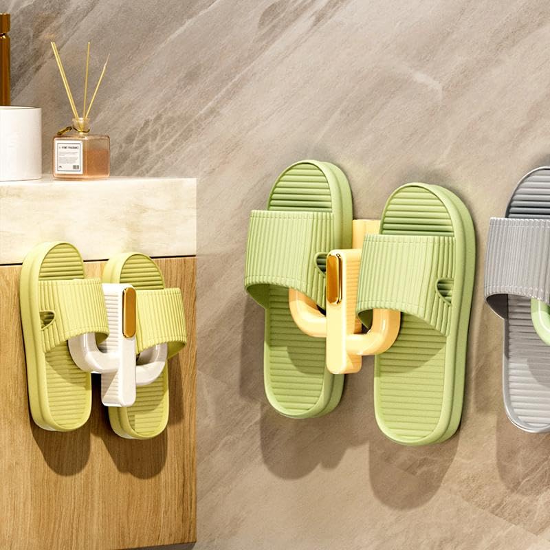 4 Pack Wall Mounted Shoe Rack - Premium Hanging Shoe Organizer Shelf with Sticky Hanging Mounts, Door Shoe Hangers with Hooks for Slippers Storage, White & Green