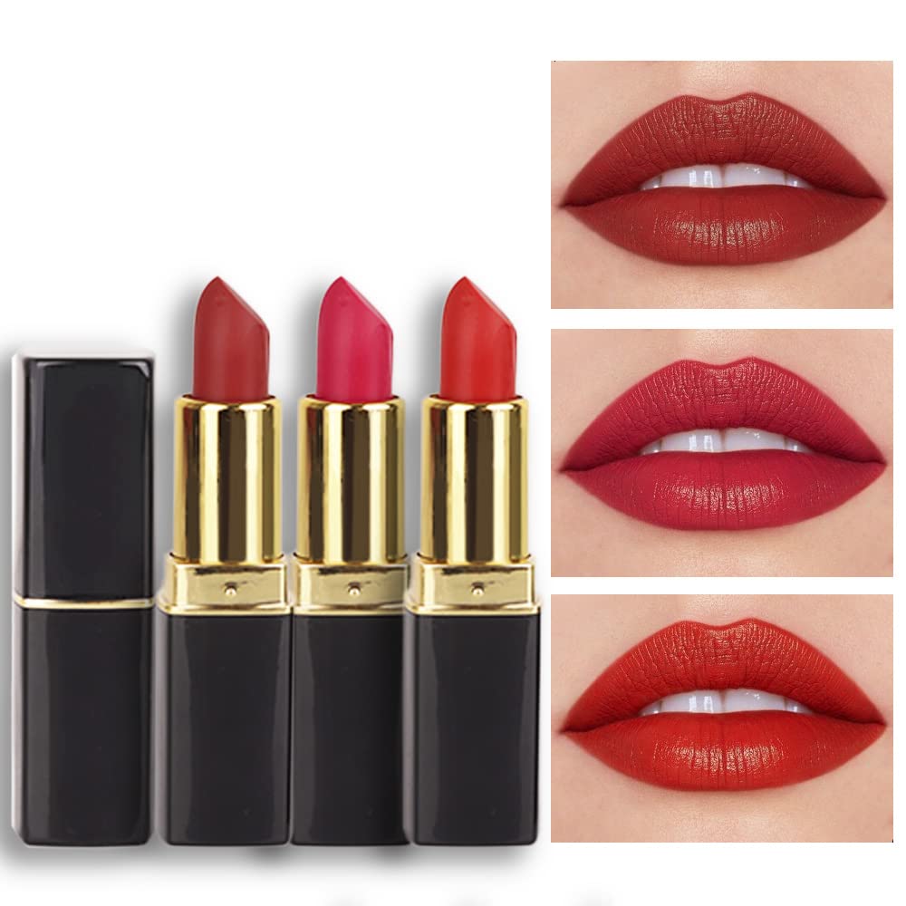 Evpct 3Pcs Dark Light Bright Red Silky Velvet Matte Lipstick Pack Sets For Women,Ruby Red Long Lasting Smudge Proof Lip Stain Ma