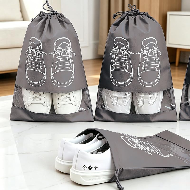 5 Pack Drawstring Shoe Bags with Clear Window, 44x32cm Large Non-Woven Fabric Travel Pouches, Breathable Dustproof Storage Bags for Shoes Clothes Toiletries, Home Gym Travel Use - Gray