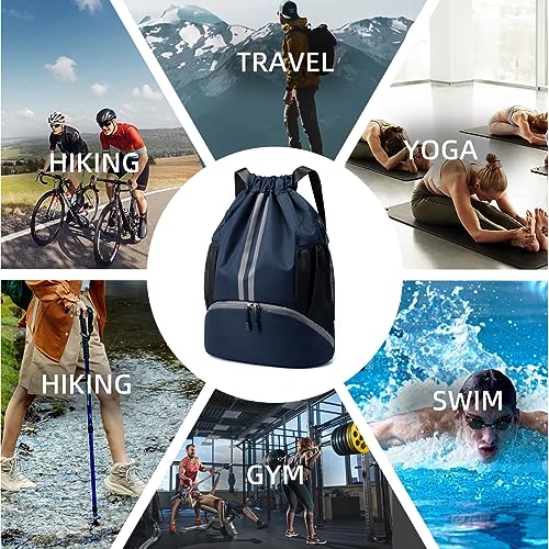Valleycomfy Sports Drawstring Backpack - Water Resistant String Bag | with Side Mesh Pockets Shoe Compartment Gym Backpack for Women & Men Dark Blue - color: A-dark Blue
