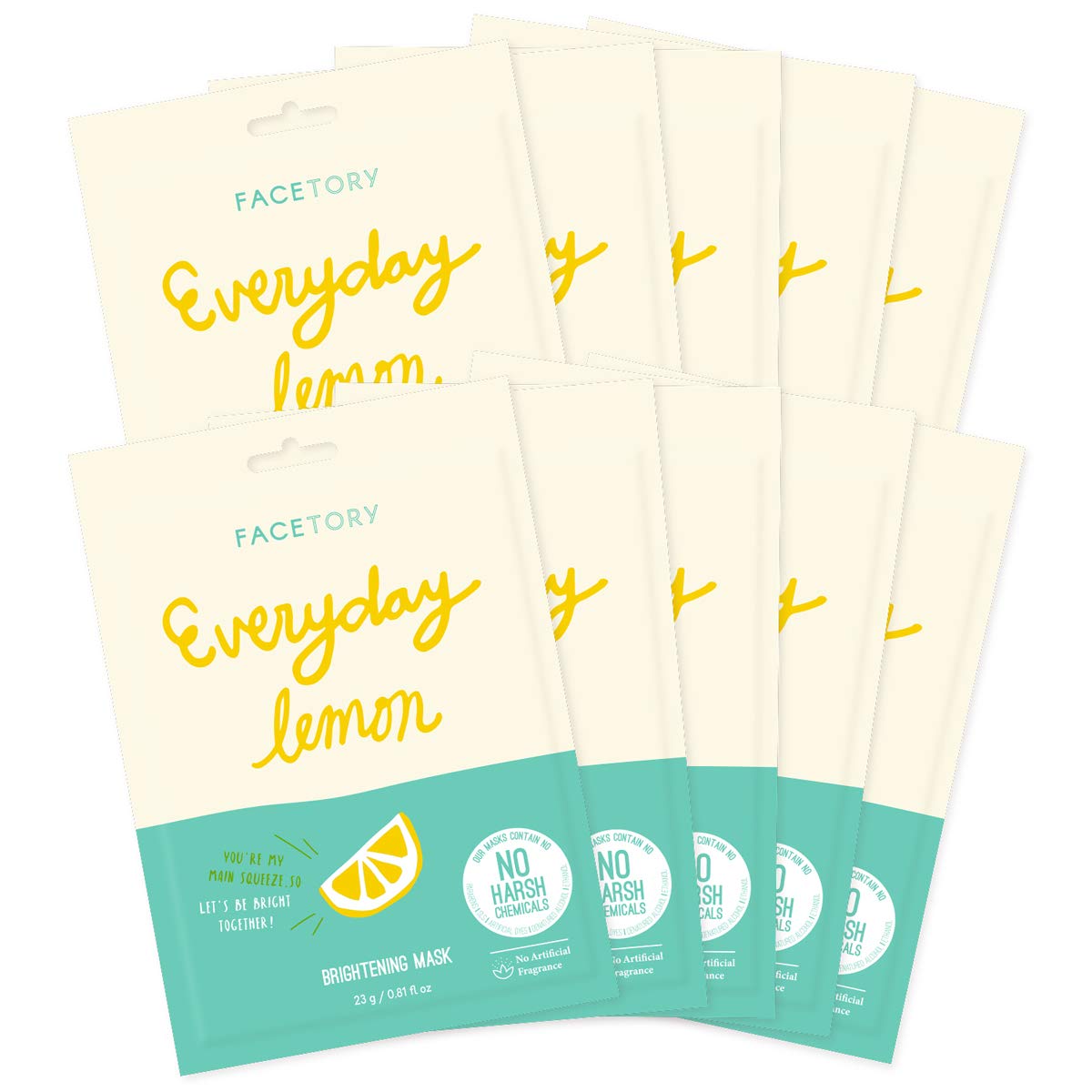 Facetory K Beauty Face Mask Skin Care - Everyday Lemon Brightening Sheet Mask | Plant-Based With Lemon Extract (10 Pack)
