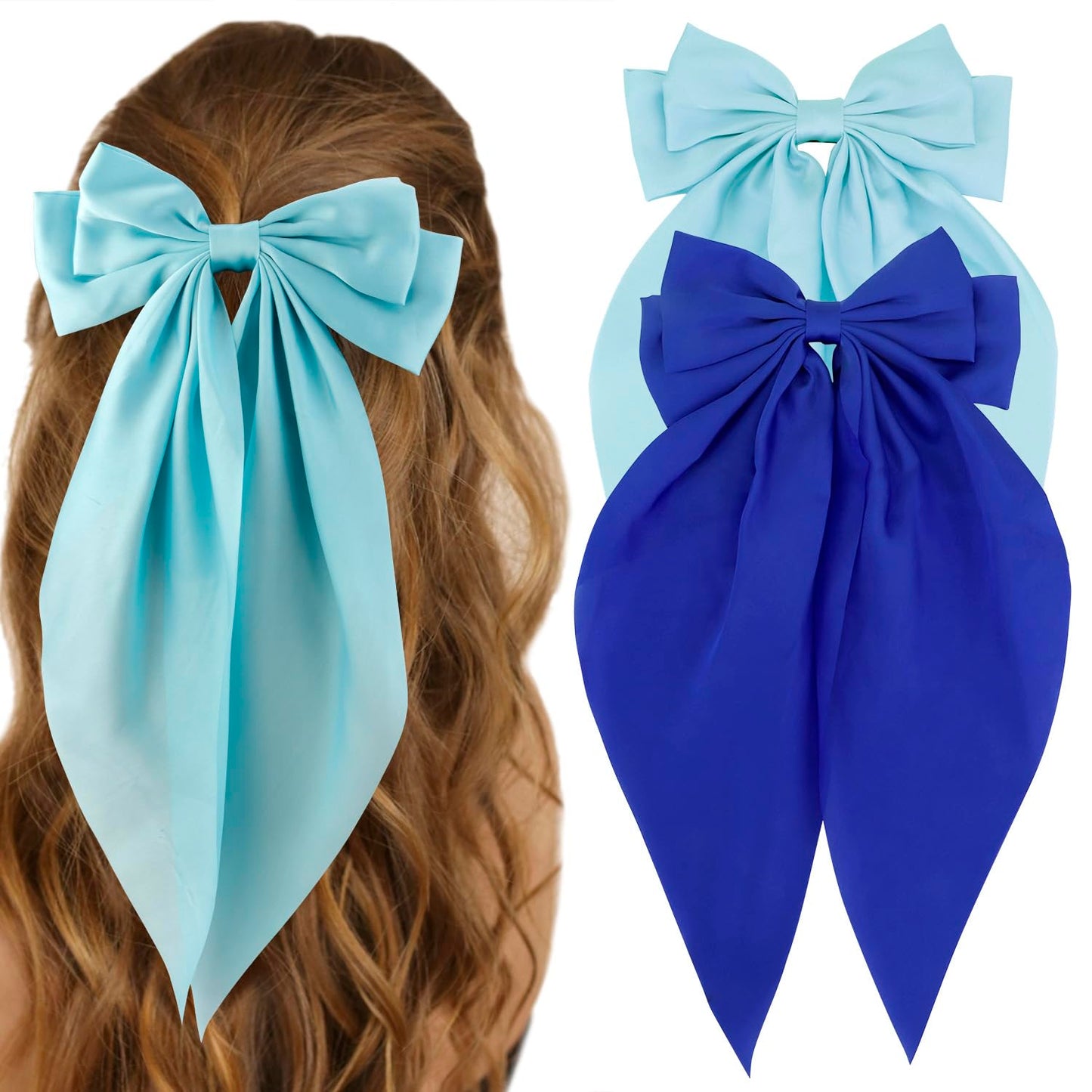 Atoden Silky Satin Oversized Long Tail Bowknot Hair Accessories - 2 Pcs Big Blue Barrettes With Metal Clips For Women