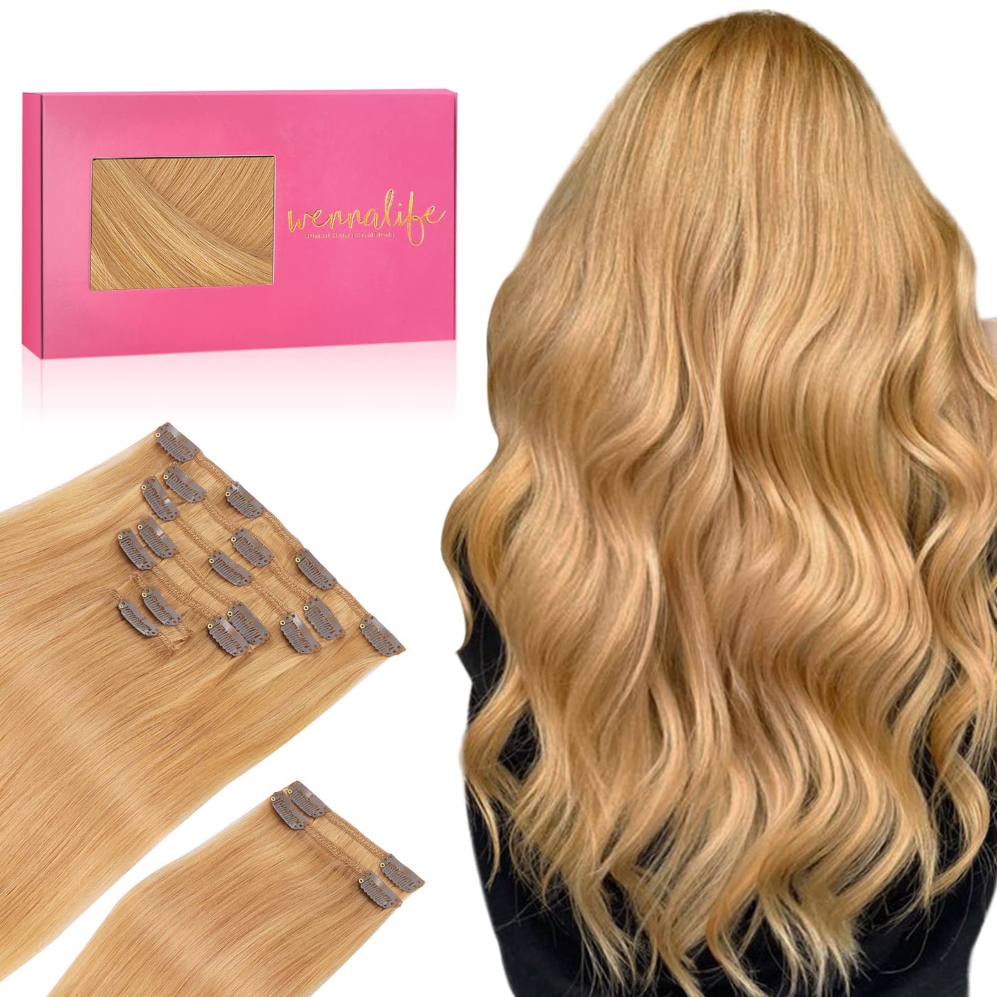 Wennalife Clip In Hair Extensions Real Human Hair, 18 Inch 150G 9Pcs Human Hair Extensions Clip In, Strawberry Blonde Hair Exten
