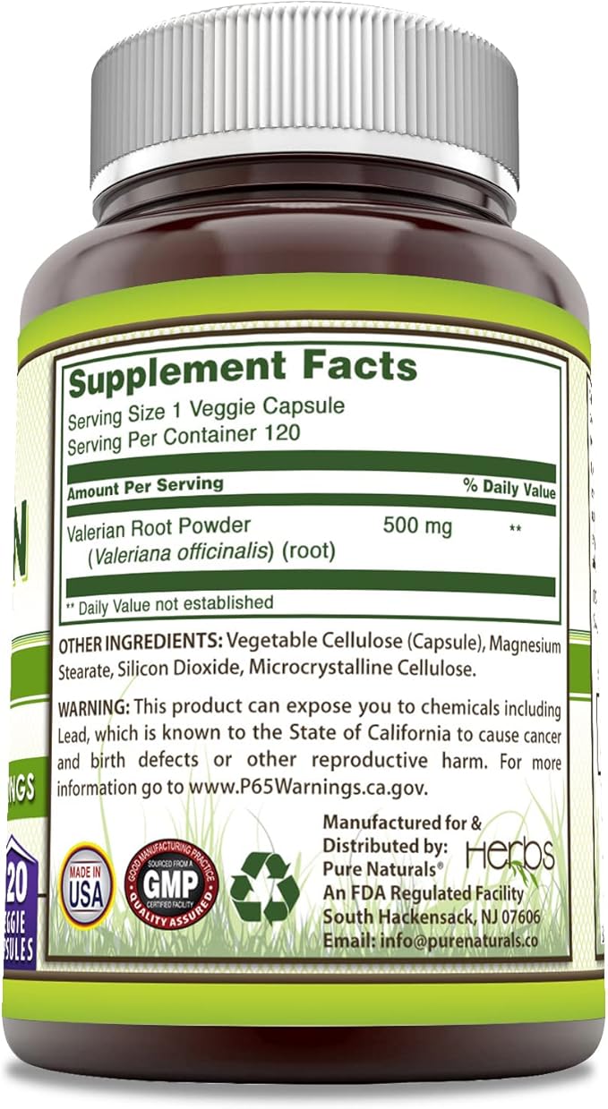 Pure Naturals Valerian Root Supplement | 500 Mg | Veggie Capsules | Non-GMO | Gluten Free | Made in USA (120 Count)
