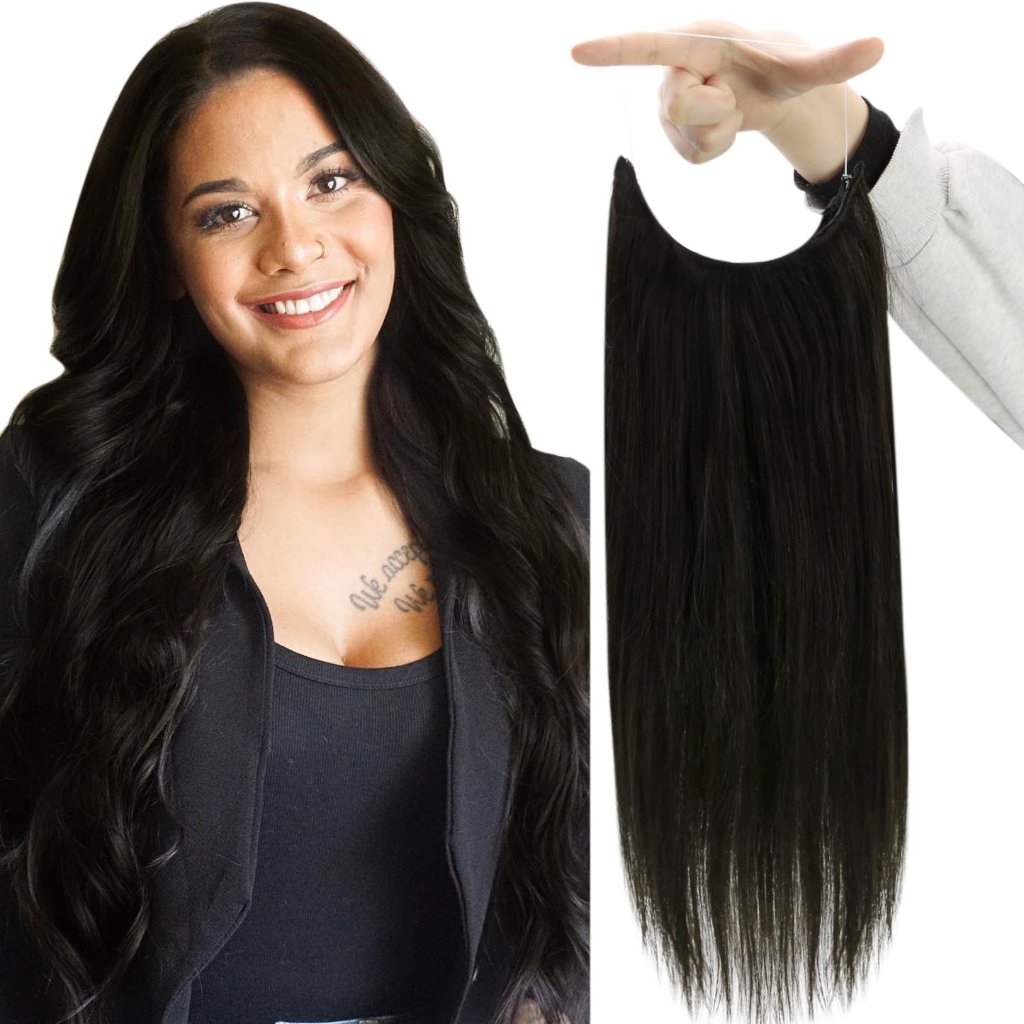 Fshine Wire Hair Extensions Straight Fishline Hair Extension Human Hair Color 1B Off Black Invisible Wire Hair Extensions Real H