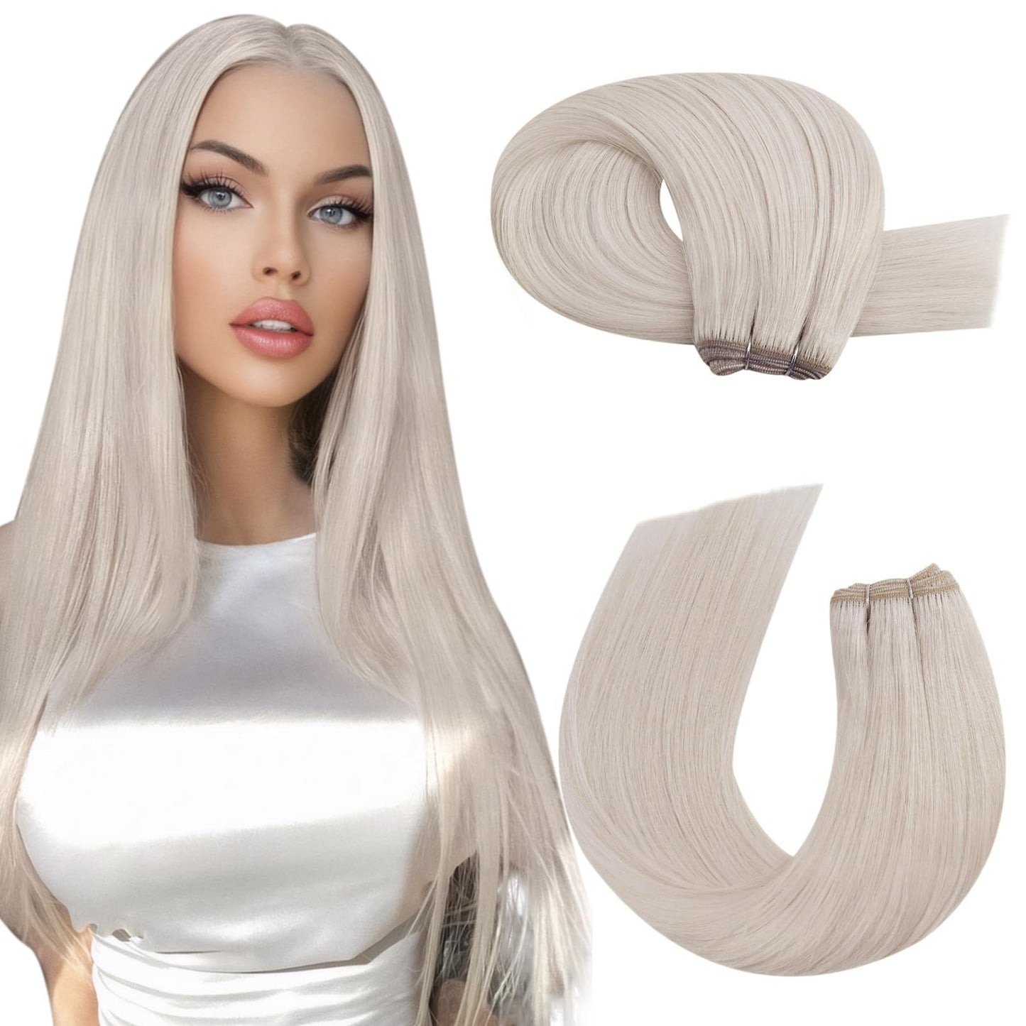 Moresoo Remy Sew In Hair Extensions Real Human Hair Blonde Sew In Weft Human Hair Extensions White Blonde Double Weft Extensions