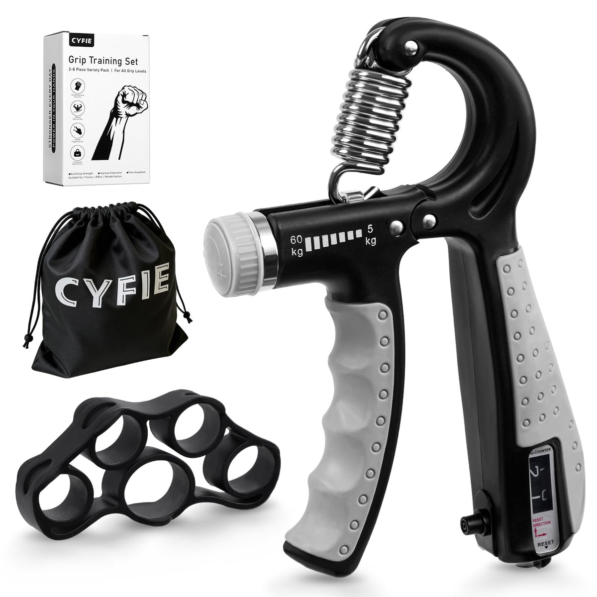Grip Strength Trainer Kit Adjustable 10-132Lbs Hand Exerciser Counter | Forearm Strengthener, Finger Stretcher, Stress Ball and Bag for Grip Recovery, Wrist Training, Rehab, Climbers and Musicians - color: Black