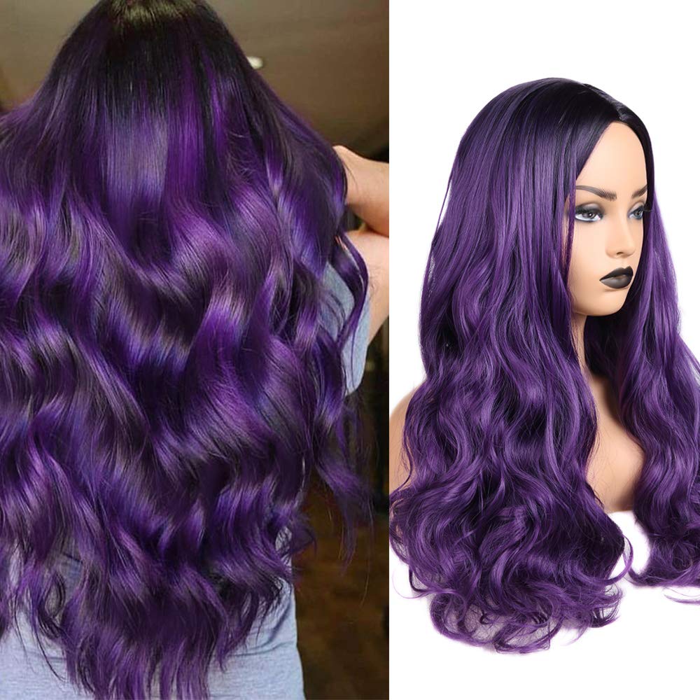 Fancy Hair Ombre Wig Purple Wigs Long Curly Wavy Hair Wigs Heat Resistant 2 Tones Dark Roots Synthetic Wigs For Black Women Dail