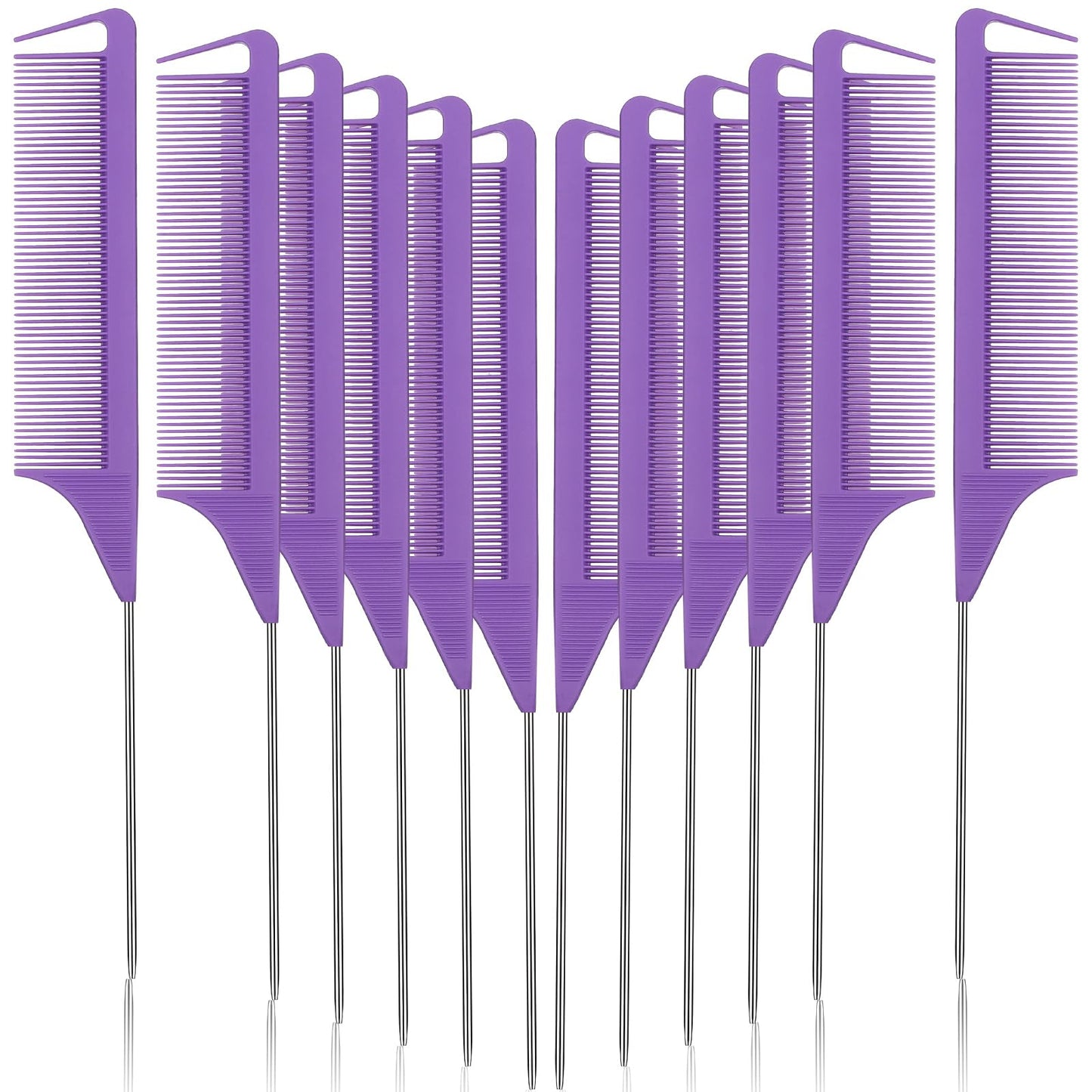 Patelai 12 Pcs Parting Comb For Braids, Purple Stainless Steel Rat Tail Comb For Hair Styling, Hairdressing, Teasing, Pressing,