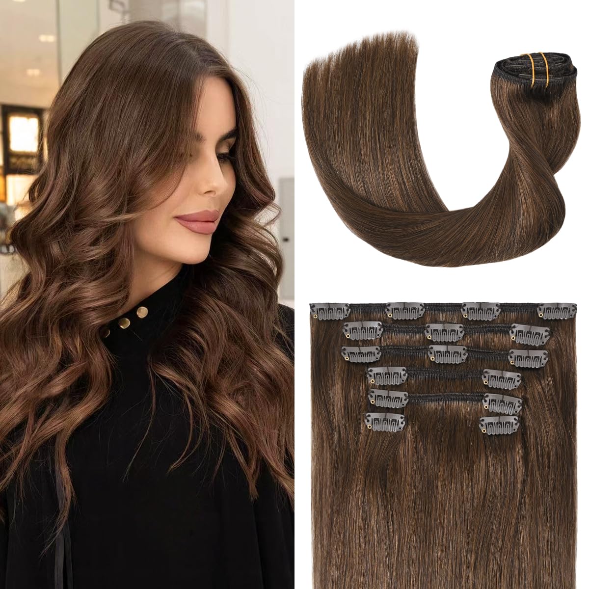 Ugotrays Medium Brown Hair Extensions Real Human Hair Clip In Hair Extensions 70G 7Pcs 12Inch,Soft & Natural Straight Double Wef