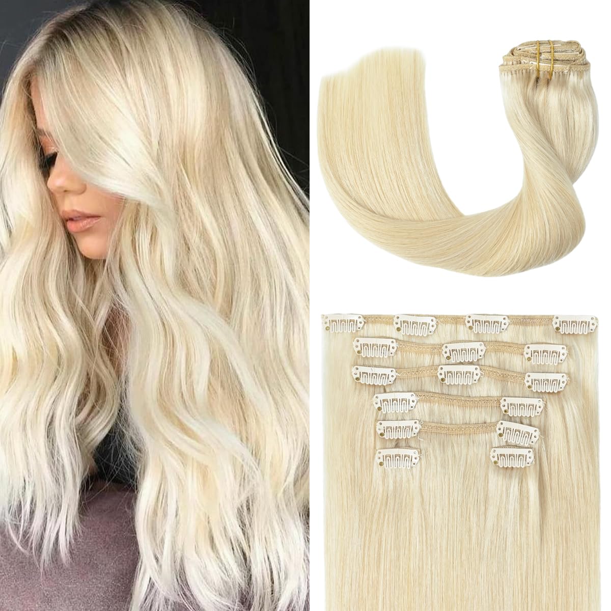 Ugotrays Clip In Hair Extensions Real Human Hair Blonde - 22 Inch 115G 7Pcs Platinum Blonde 100% Remy Human Hair Clip In Extensi