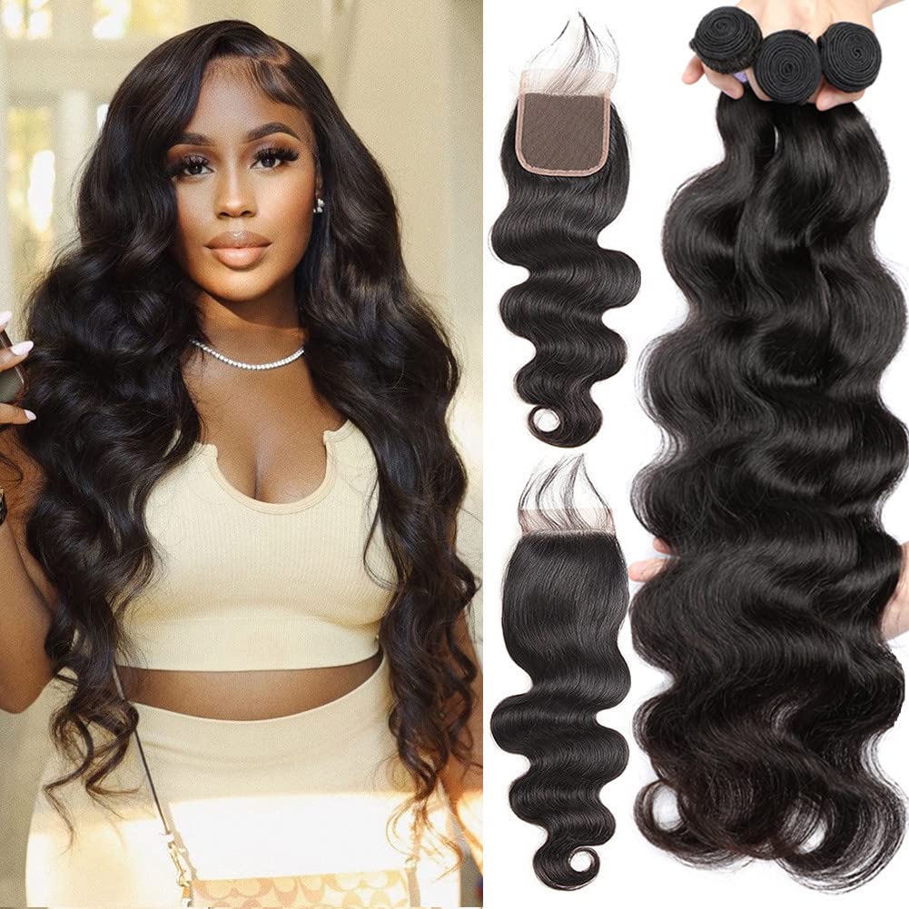 Human Hair Bundles With Closure (24 26 28+22,Free Part) Body Wave Bundles With Closure 10A Brazilian Virgin Remy Human Hair 4 4