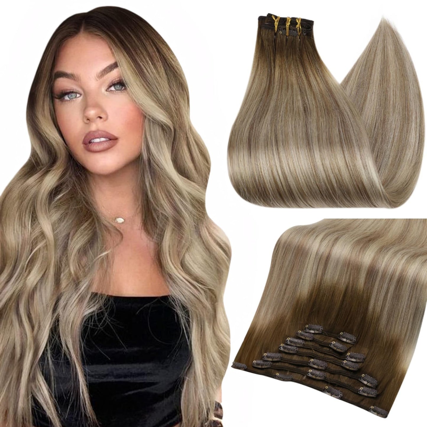 Full Shine Balayage Ombre Clip In Hair Extensions Clip In Human Hair Color 3 Dark Brown To 8 Ash Brown And 22 Blonde Clip In Ext