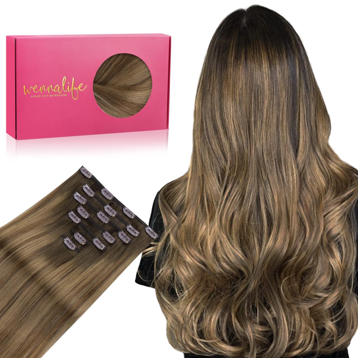 Wennalife Clip In Hair Extensions Real Human Hair, 18 Inch 120G 7Pcs Human Hair Extensions Clip In Human Hair, Light Ash Brown T