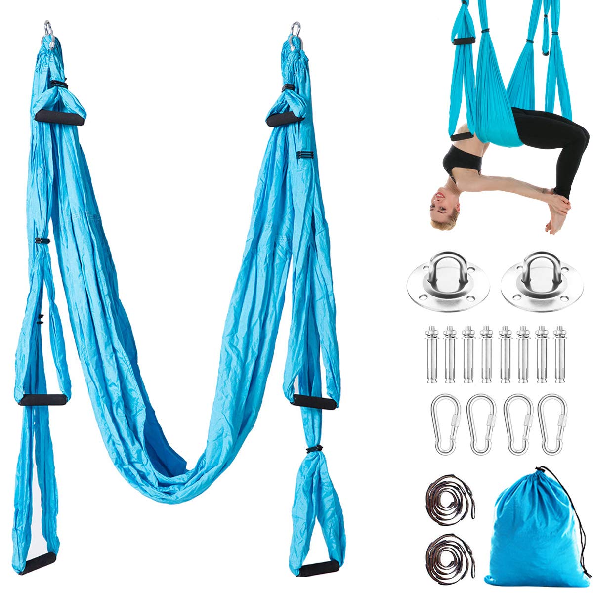 Aerial Trapeze Yoga Hammock Kit - Ultra Strong Antigravity Yoga Flying Sling Inversion Swing Tool Set - color: Blue