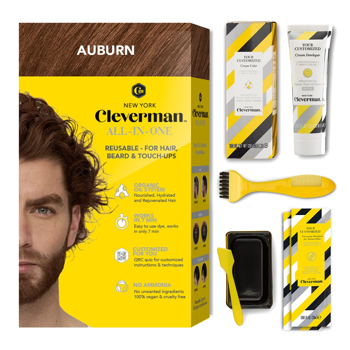 Cleverman Auburn Hair & Beard Dye For Men - All-In-One Reusable Kit, Fast-Acting, Long Lasting, Ammonia-Free, Professional Quali