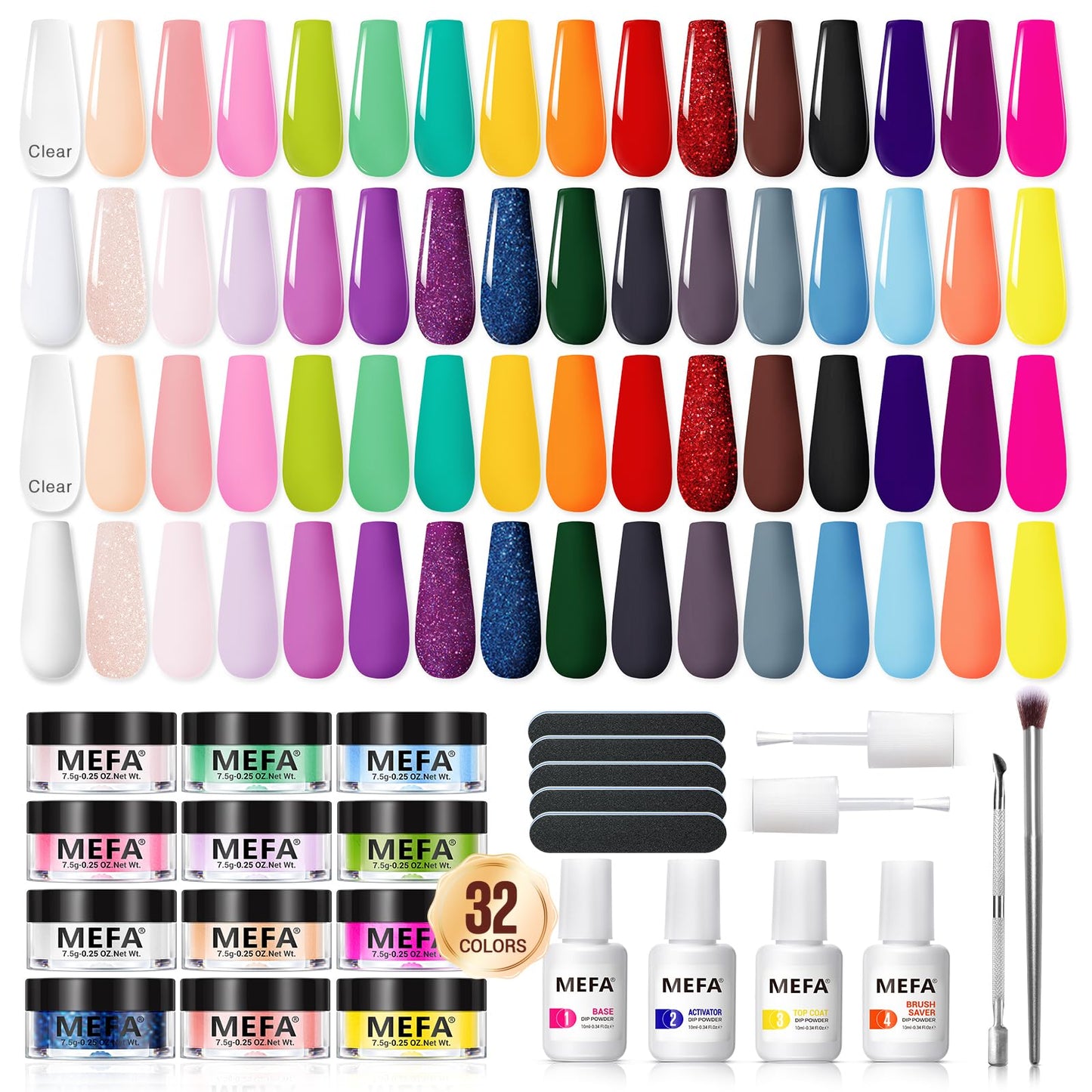 Mefa Dip Powder Nail Kit 32 Colors Spring Summer, Hot Pink Pastel Violet Neon Orange Glitter Shimmery Dipping Powder With Base T