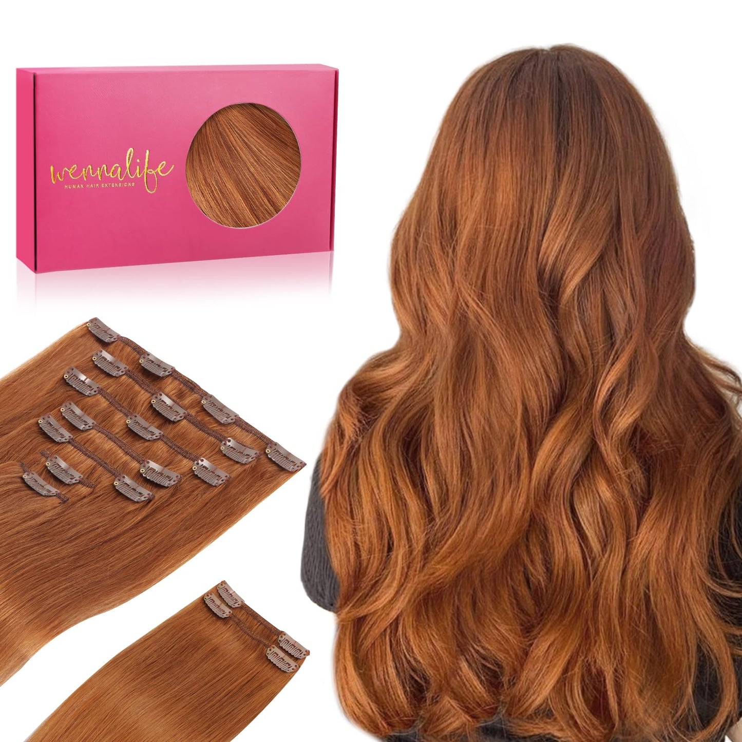 Wennalife Clip In Hair Extensions Real Human Hair, 24 Inch 150G 9Pcs Human Hair Extensions Clip In, Dirty Ginger Hair Extensions