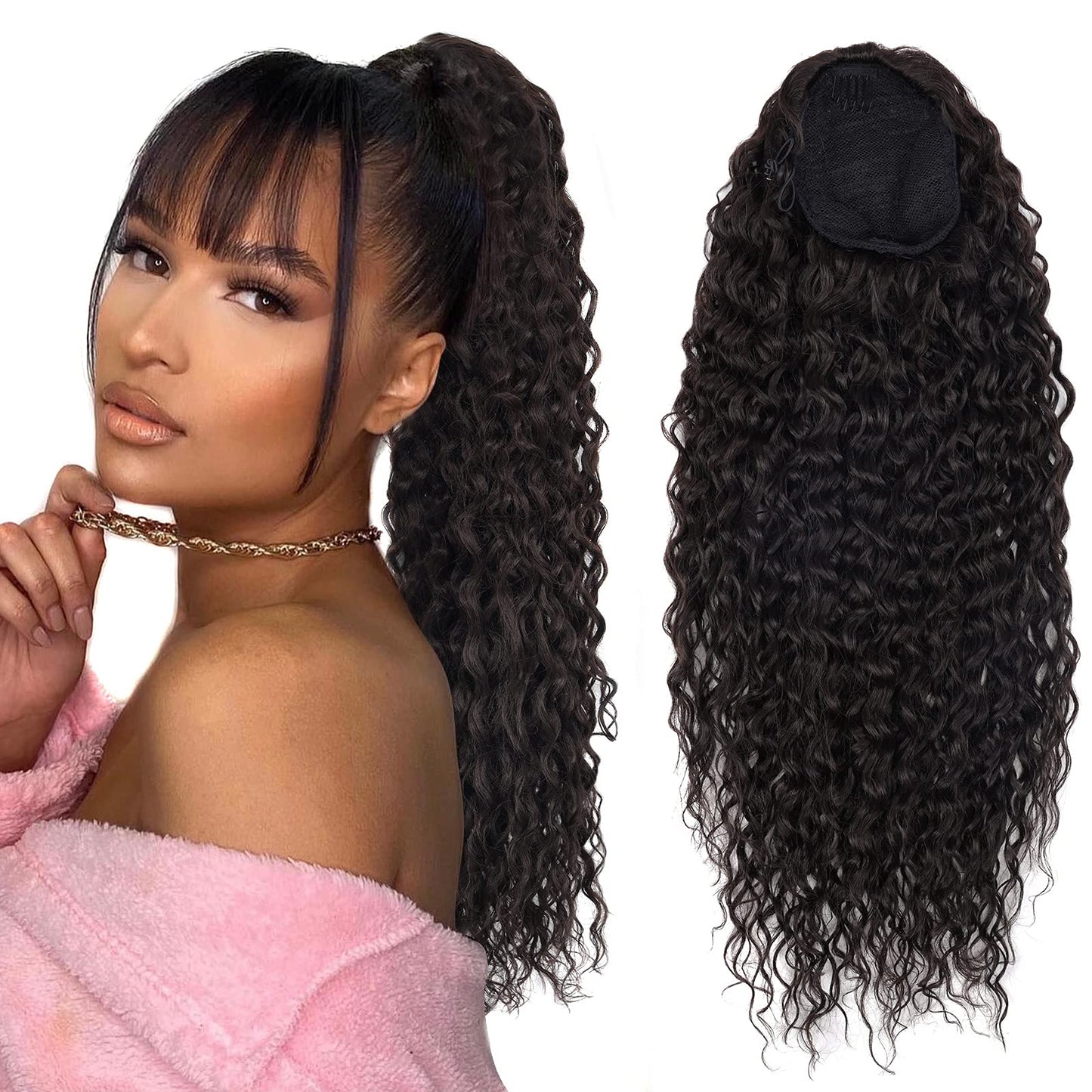 Meepo 24 Inch Curly Ponytail Extensions Synthetic Deep Wave Drawstring Ponytail For Black Women Human Hair Feeling With Clip In