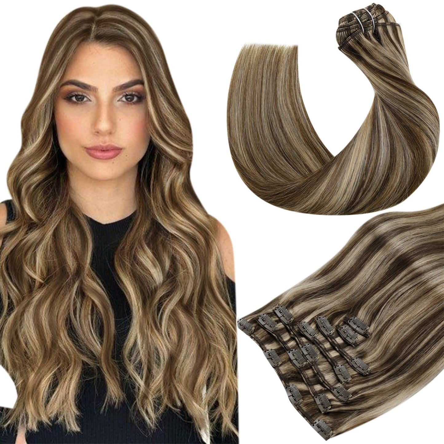 Hetto Clip In Hair Extensions Human Hair #4 Brown Highlight #27 Honey Blonde Clip In Human Hair Extensions Real Human Hair Clip