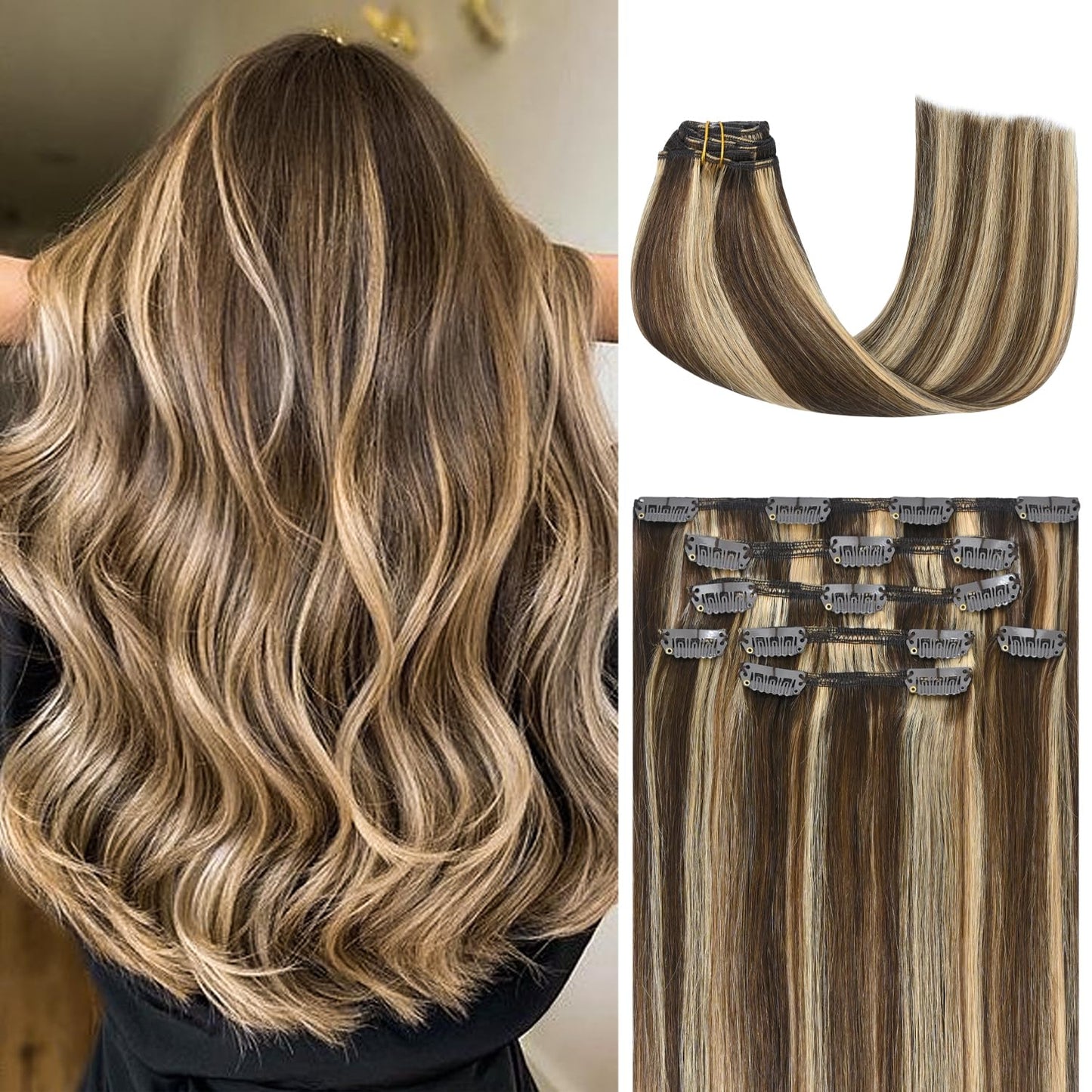 Honsoo Clip In Extensions Real Human Hair Chocolate Brown To Caramel Blonde 20In Long Soft 70G 7Pcs Hair Extensions