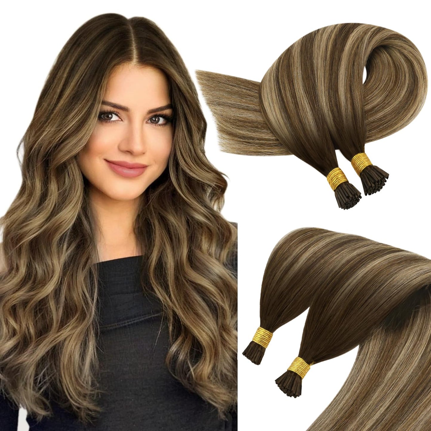 Sunny Hair I Tip Hair Extensions Human Hair Balayage Brown I Tip Hair Extensions Medium Brown Balayage Caramel Blonde Mix Brown
