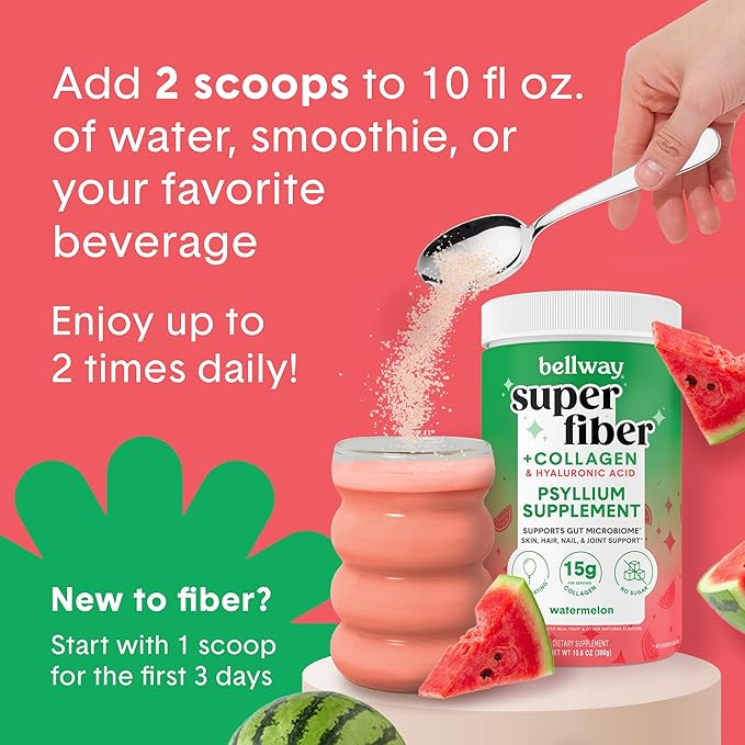Bellway Super Fiber Powder + Collagen, Sugar-Free Psyllium Husk Powder with Hydrolyzed Collagen Peptides for Gut Health, Healthy Skin, Nails, Bones & Joints, Strawberry Lemonade & Watermelon Bundle