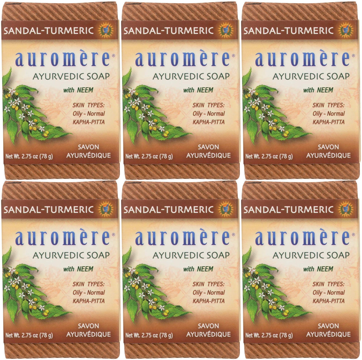 Auromere Ayurvedic Bar Soap, Sandal Turmeric - Eco Friendly, Handmade, Vegan, Cruelty Free, Natural, Non Gmo (2.75 Oz), 6 Pack
