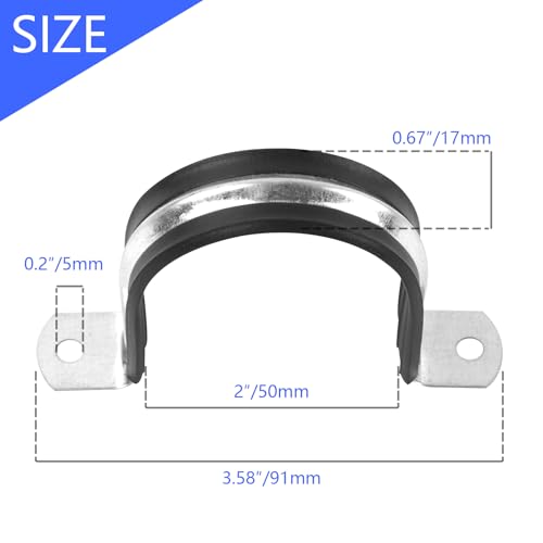 2 Inch Reinforced Rigid Pipe Strap, 2 Holes U Bracket Cable Clamp Hanger, Rubber Cushioned Insulated Clamp, Conduits Strap Clamps for Pipe Fixing on Various Surfaces, 10 PCS(50 mm) - size: 2 inch (10 pcs)
