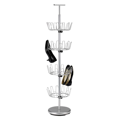Household Essentials 4-Tier Revolving Shoe Tree, Heavy-Duty Steel with Stabilized Base, Holds 24 Pairs of Shoes, Great for Most Styles, Chromelike Finish - color: Silver