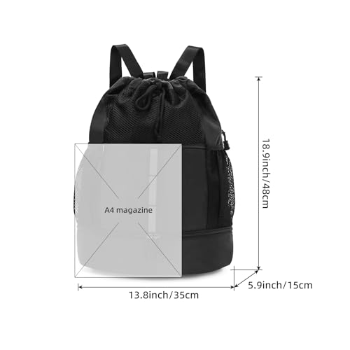 Valleycomfy Drawstring Gym Bag Sports Backpack With Shoe Compartment Black | Reflective Strips Top Handle - color: Black