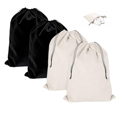 4 Pack Shoe Bags for Travel, Drawstring Travel shoe bag, Black & Beige | Large Size 18.3*13.78 inch,Soft Flannel Material,Washable & Reusable,Shoe Bag for Luggage