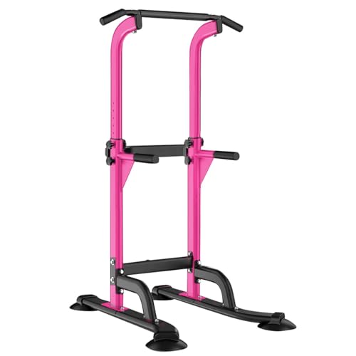 SogesHome Multi-Function Power Tower Pull Up Bar Dip Station for Home Gym | Height Adjustable PullUp Dip Stand, Full Body Strength Training Equipment, Fitness Workout for Push Ups Dips, 330LB Capacity - color: Pink