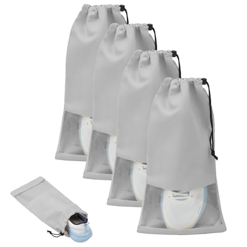 4 Pcs Single Shoe Bags for Travel, Drawstring Shoe Bags with Clear Window | 9.1"x17.7" Fits Most Shoes, Dust Resistant, Washable & Reusable, Travel Shoe Storage Bags for Men & Women - color: Grey