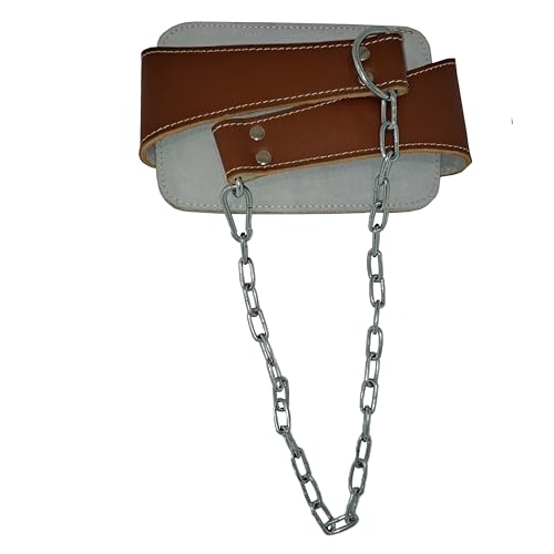 Leather Dip Belt | 30" Steel Chain, Padded Lumbar Support, For Powerlifting, For Weightlifting - color: Brown