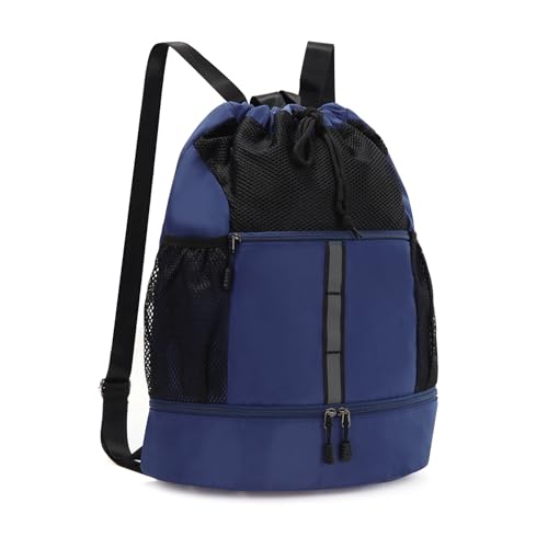 Valleycomfy Drawstring Gym Bag Sports Backpack With Shoe Compartment | Reflective Strips Top Handle Dark Blue - color: Dark Blue