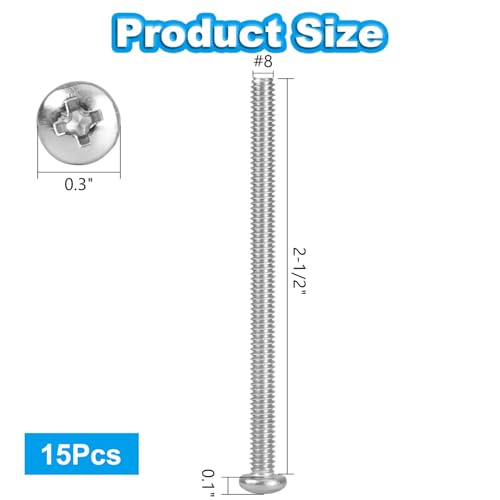 15 Pcs #8-32 x 2-1/2" Pan Head Machine Screws, 304 Stainless Steel, Truss Head Bolts, Full Thread, Bright Finish, Phillips Drive for Furniture Repairs and 3D Printer - size: #8-32 x 2-1/2"
