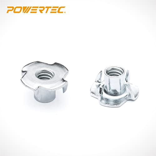 POWERTEC 1/4-20 T Nuts, 50 Pcs | 4 Pronged Tee Nuts for Bolts and Stem Caster Wheels, Threaded Inserts for Wood Working, Rock Climbing Holds and Furniture, for Use with Hammer | 3/8" Length (QTN1101)