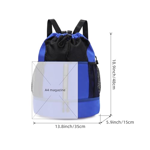 Valleycomfy Drawstring Gym Bag Sports Backpack With Shoe Compartment Blue | Reflective Strips Top Handle - color: Royal Blue