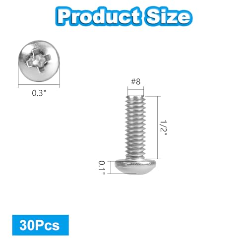 30 Pcs #8-32 x 1/2" Pan Head Machine Screws, 304 Stainless Steel, Truss Head Bolts, Full Thread, Bright Finish, Phillips Drive for Furniture Repairs and 3D Printer - size: #8-32 x 1/2"