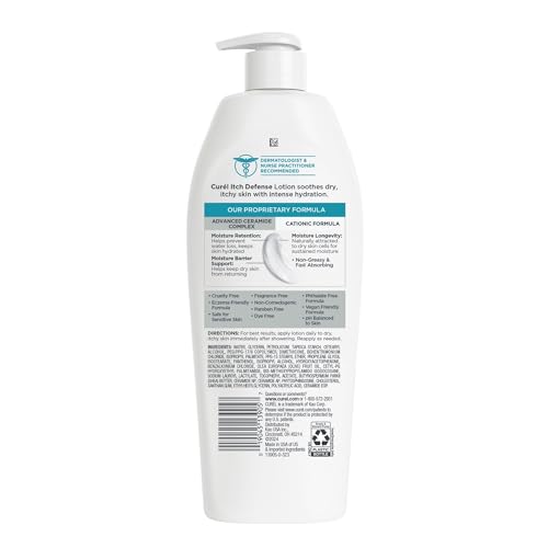 Curel Itch Defense Calming Body Lotion, Moisturizer for Dry, Itchy Skin, Body and Hand Lotion, with Advanced Ceramide Complex, Pro-Vitamin B5, Shea Butter, 13 Oz, Pack of 3 | Soothes Itchy Skin, Prevents Eczema Flare-Ups, Ceramide Moisturizer, Fragrance-F